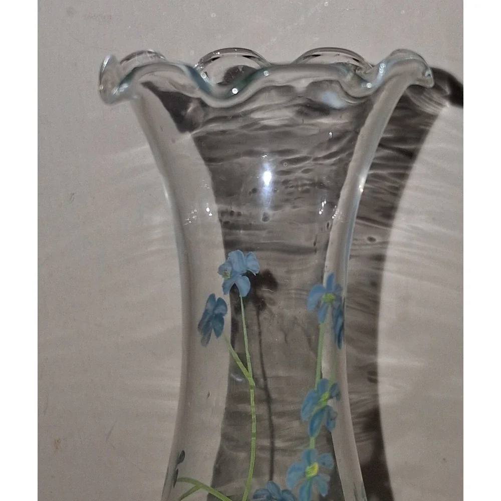 Vintage Hand Painted Glass Bud Vase Forget Me Not Flowers Ruffled Rim 7.5